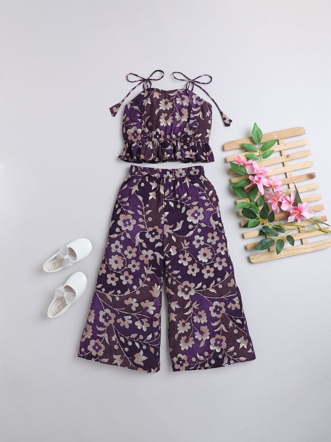 

taffykids Girls Woven Design Shoulder Straps Top with Palazzos, Purple