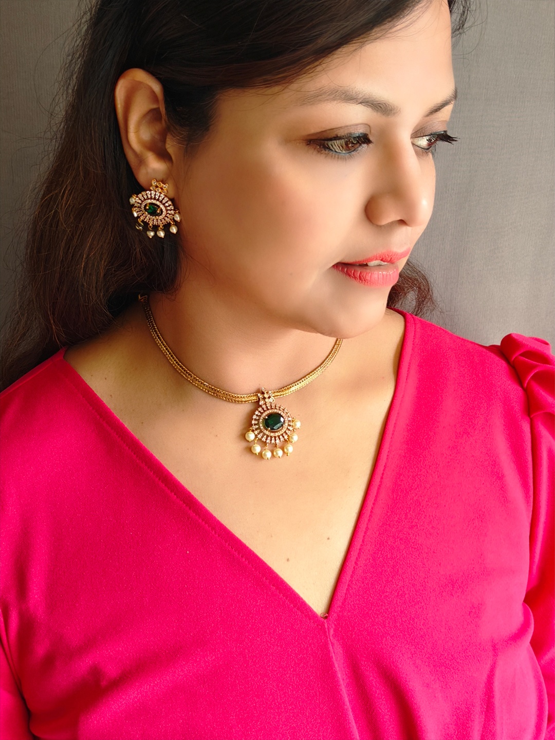 

GRIIHAM Premium Gold-Plated Cubic Zirconia Studded & Pearls Beaded Jewellery Set