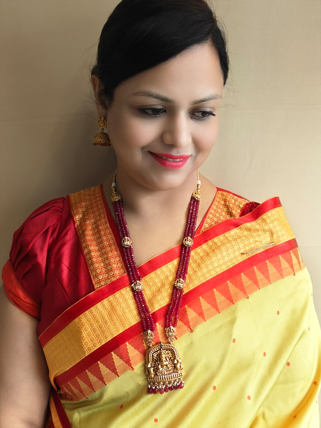 

GRIIHAM Premium Gold-Plated Crystals Stone Studded & Beaded Lakshmi Goddess Jewellery Set