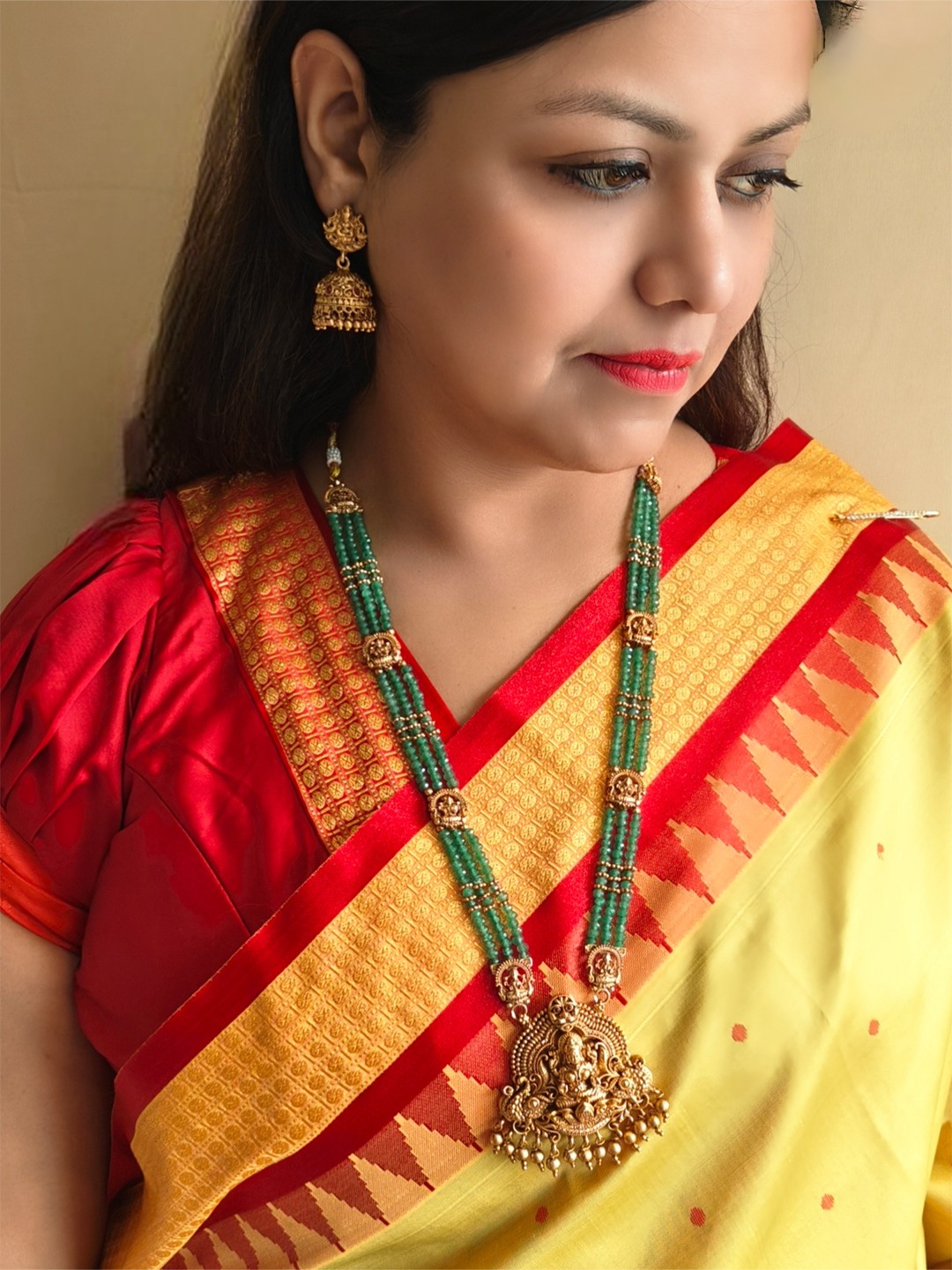 

GRIIHAM Gold-Plated Cubic Zirconia Studded & Beaded Lakshmi Goddess Jewellery Set