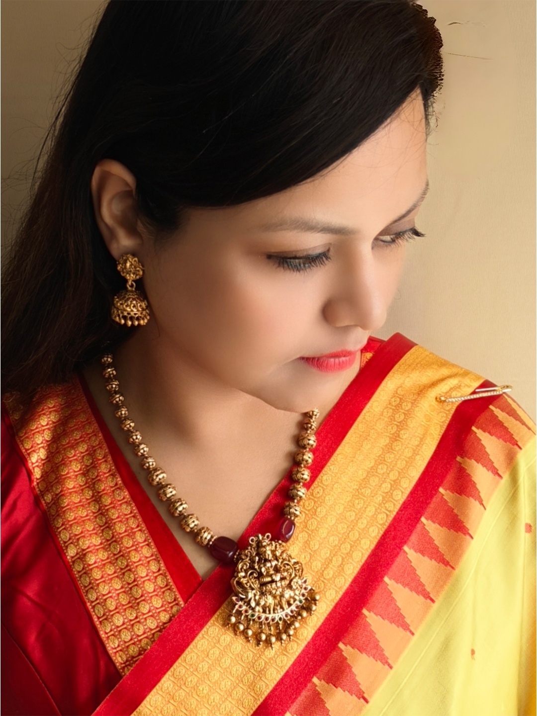 

GRIIHAM Gold-Plated CZ Studded & Beaded Temple Necklace and Earrings