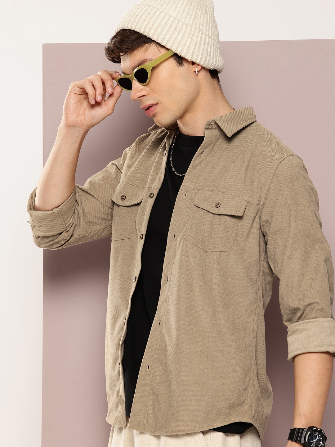 

Kook N Keech Corduroy Opaque Casual Shirt, Taupe
