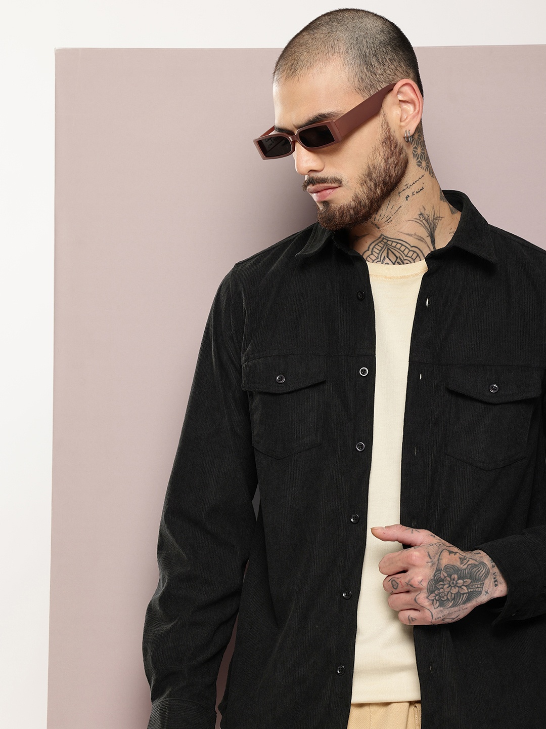 

Kook N Keech Opaque Corduroy Casual Shirt, Black