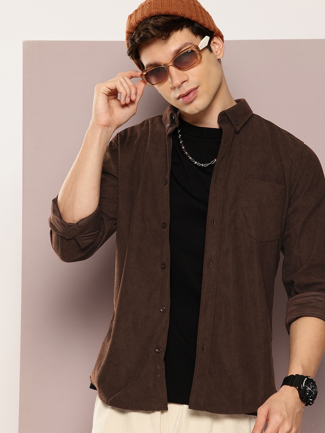 

Kook N Keech Corduroy Opaque Casual Shirt, Coffee brown