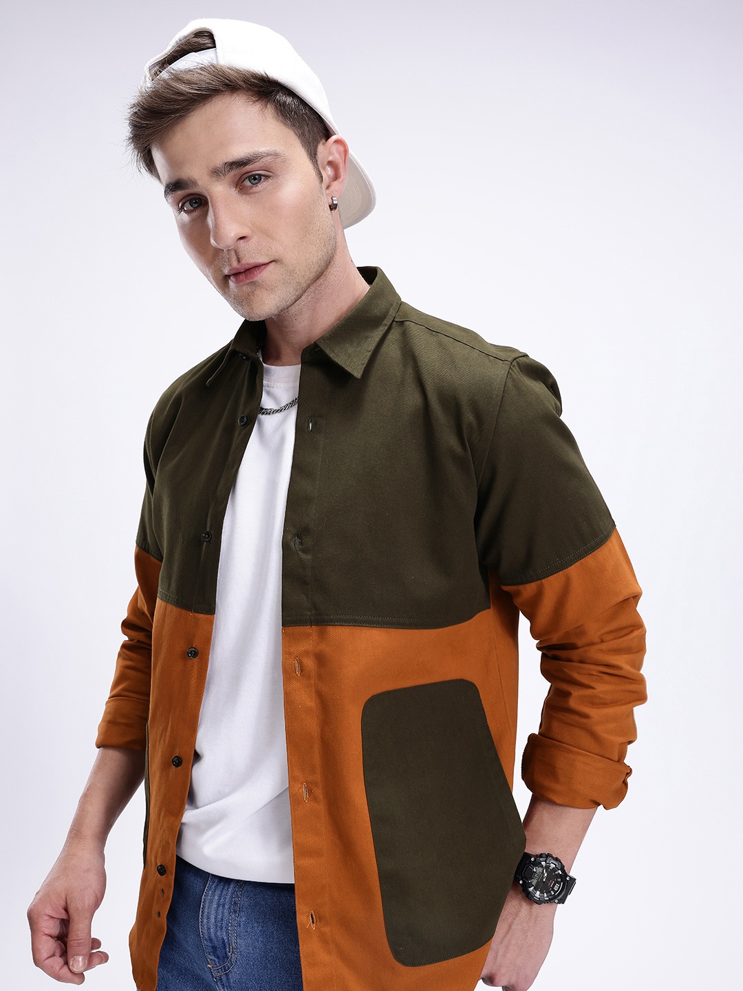 

Kook N Keech Standard Colourblocked Casual Shirt with Contrast Pockets, Olive