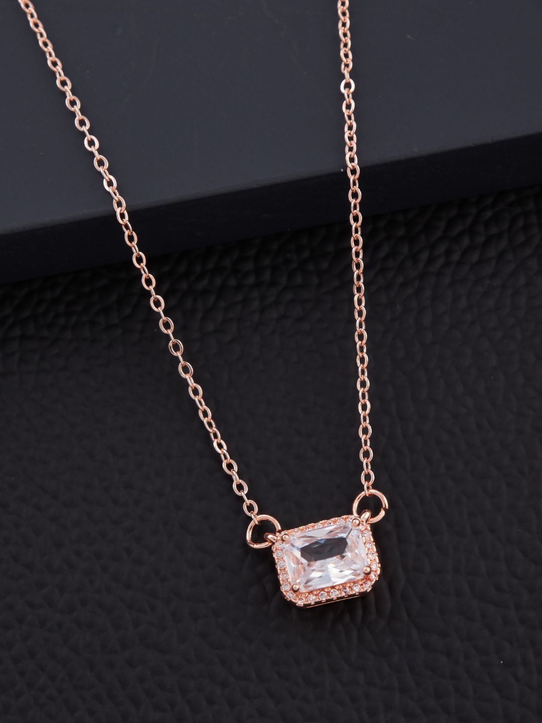 

SOLIBELLE Rose Gold-Plated Stone Studded Square Pendant with Chain