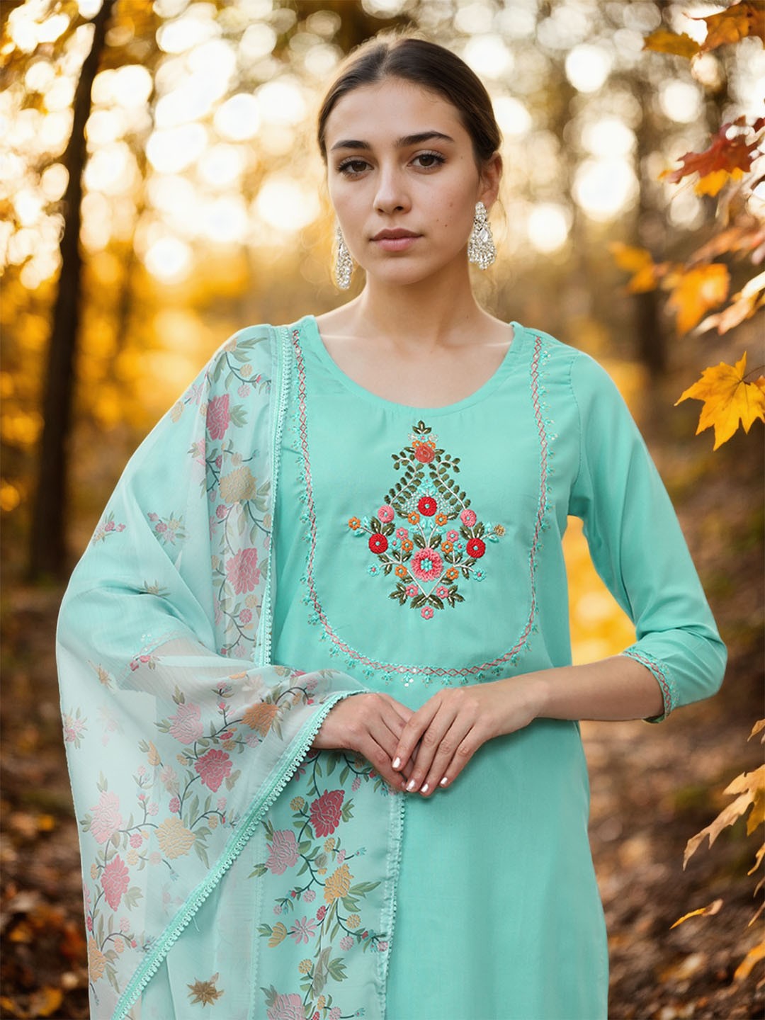 

Jaipur Kurti Women Ethnic Motifs Embroidered Regular Thread Work Kurta with Trousers & With Dupatta, Blue