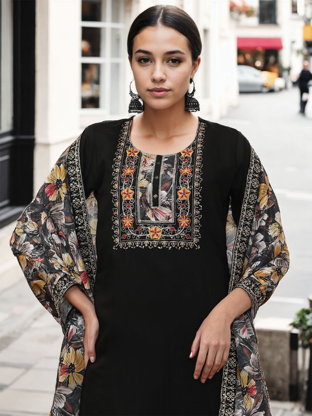 

Jaipur Kurti Women Ethnic Motifs Embroidered Regular Thread Work Chanderi Cotton Kurta with Trousers & With, Black