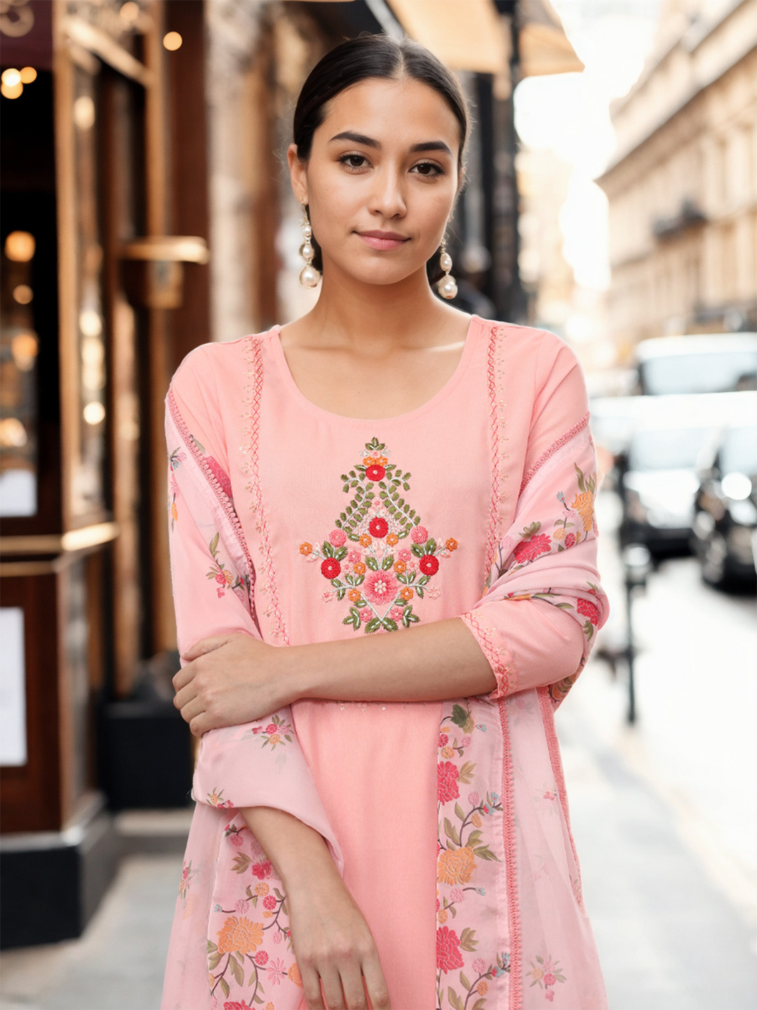 

Jaipur Kurti Women Floral Embroidered Regular Thread Work Kurta with Trousers & With Dupatta, Pink