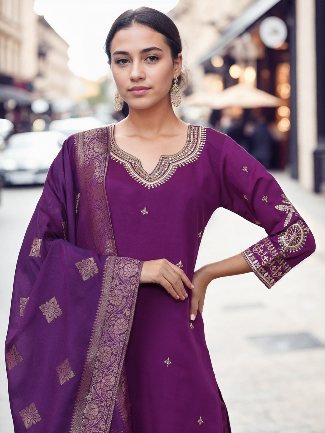 

Jaipur Kurti Women Ethnic Motifs Embroidered Regular Chanderi Silk Kurta with Trousers & With Dupatta, Purple