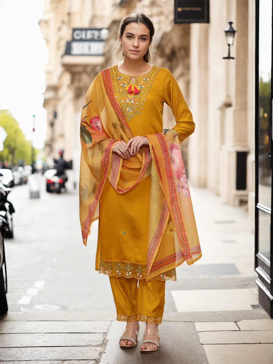 

Jaipur Kurti Women Ethnic Motifs Embroidered Regular Kurta with Trousers & With Dupatta, Mustard