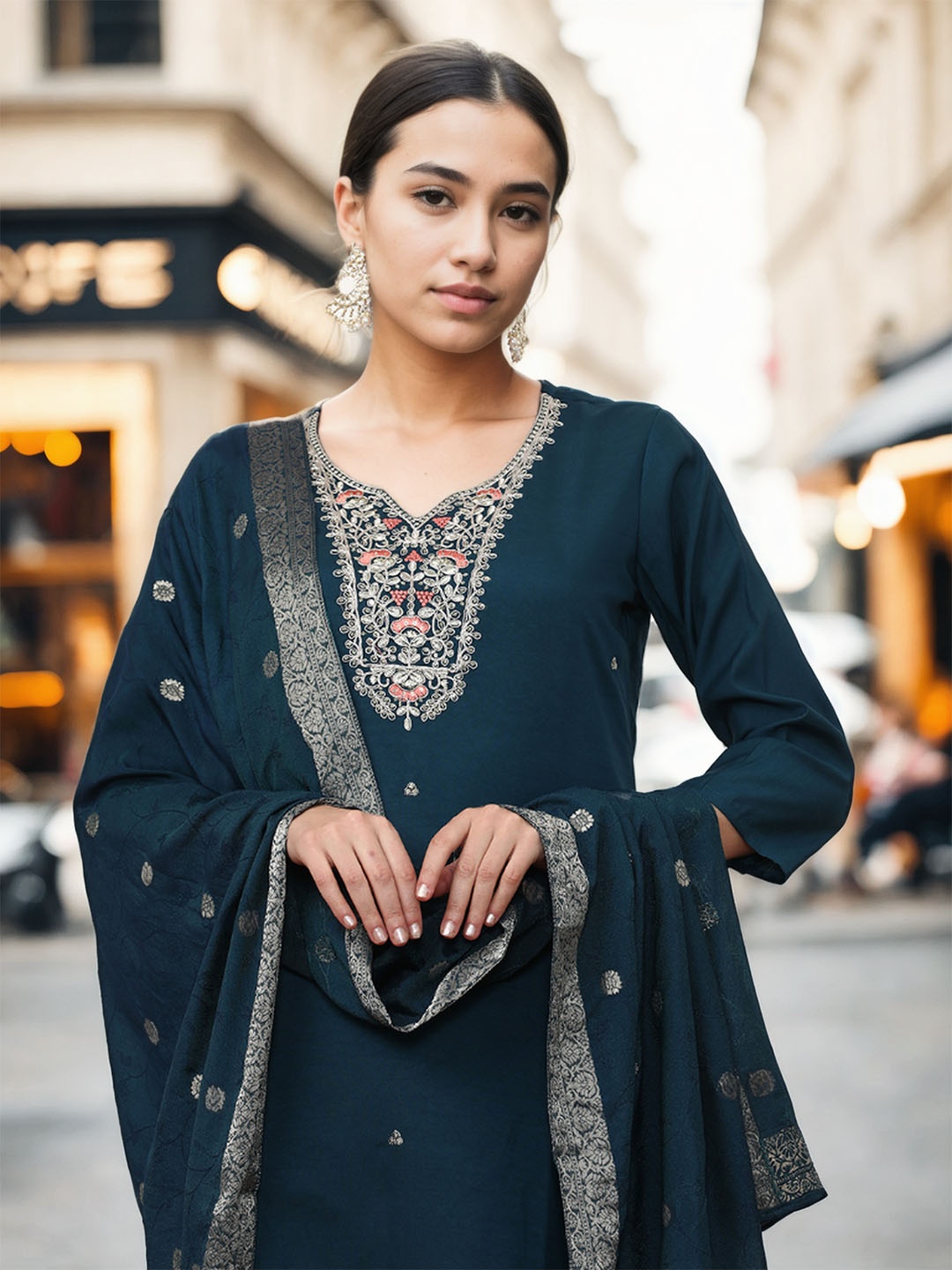

Jaipur Kurti Women Ethnic Motifs Embroidered Regular Thread Work Kurta with Trousers & With Dupatta, Teal