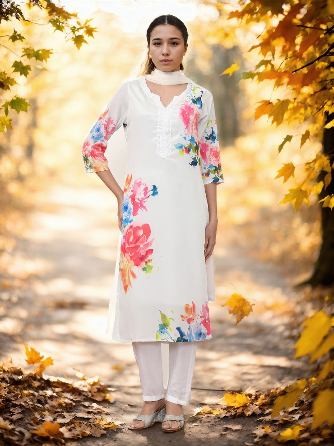 

Jaipur Kurti Women Floral Embroidered Regular Thread Work Kurta with Trousers & With Dupatta, White