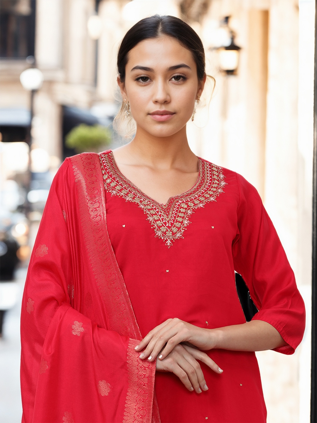

Jaipur Kurti Women Ethnic Motifs Embroidered Regular Kurta with Trousers & With Dupatta, Red