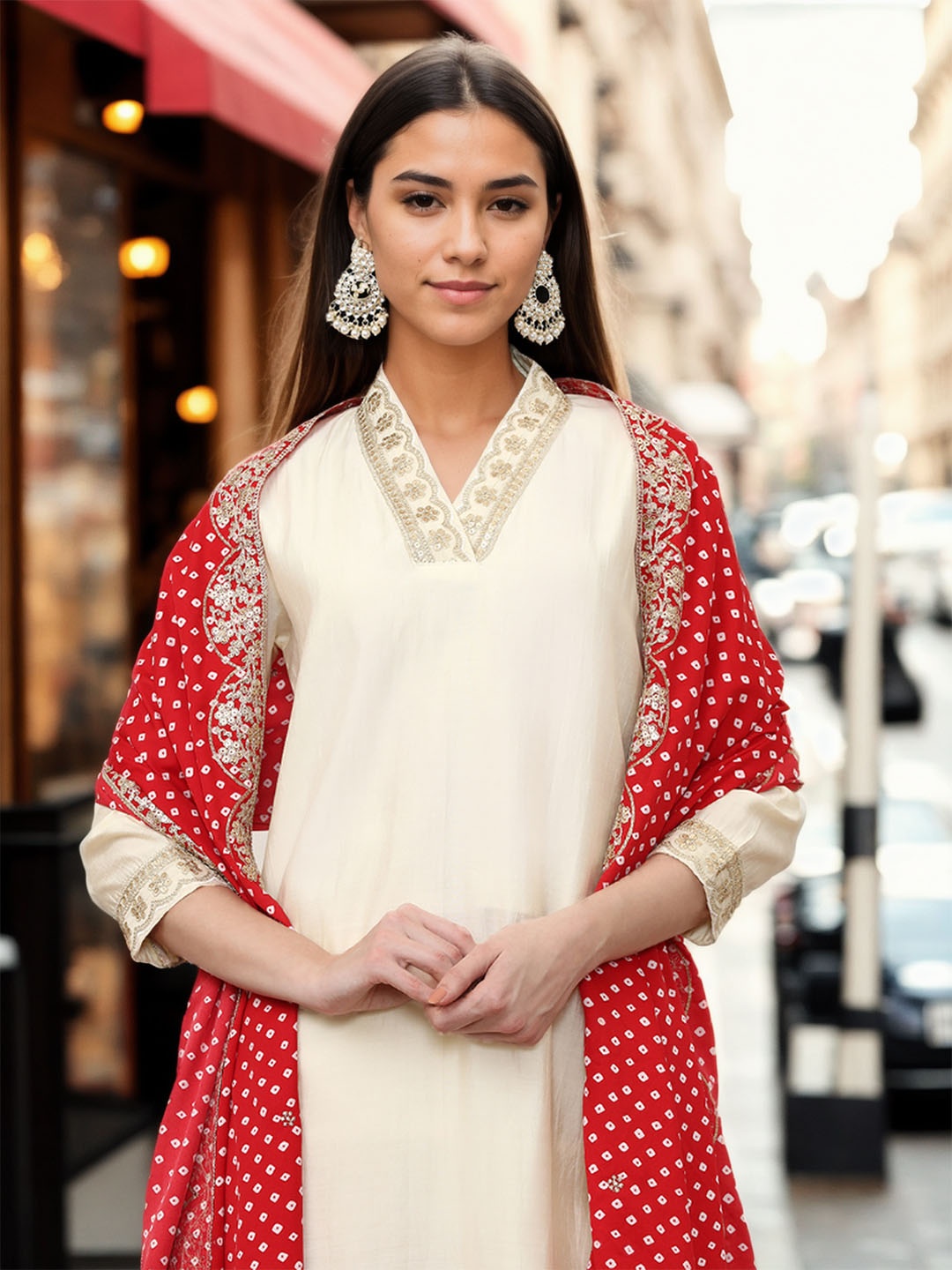 

Jaipur Kurti Women Ethnic Motifs Embroidered Regular Kurta with Trousers & With Dupatta, Cream