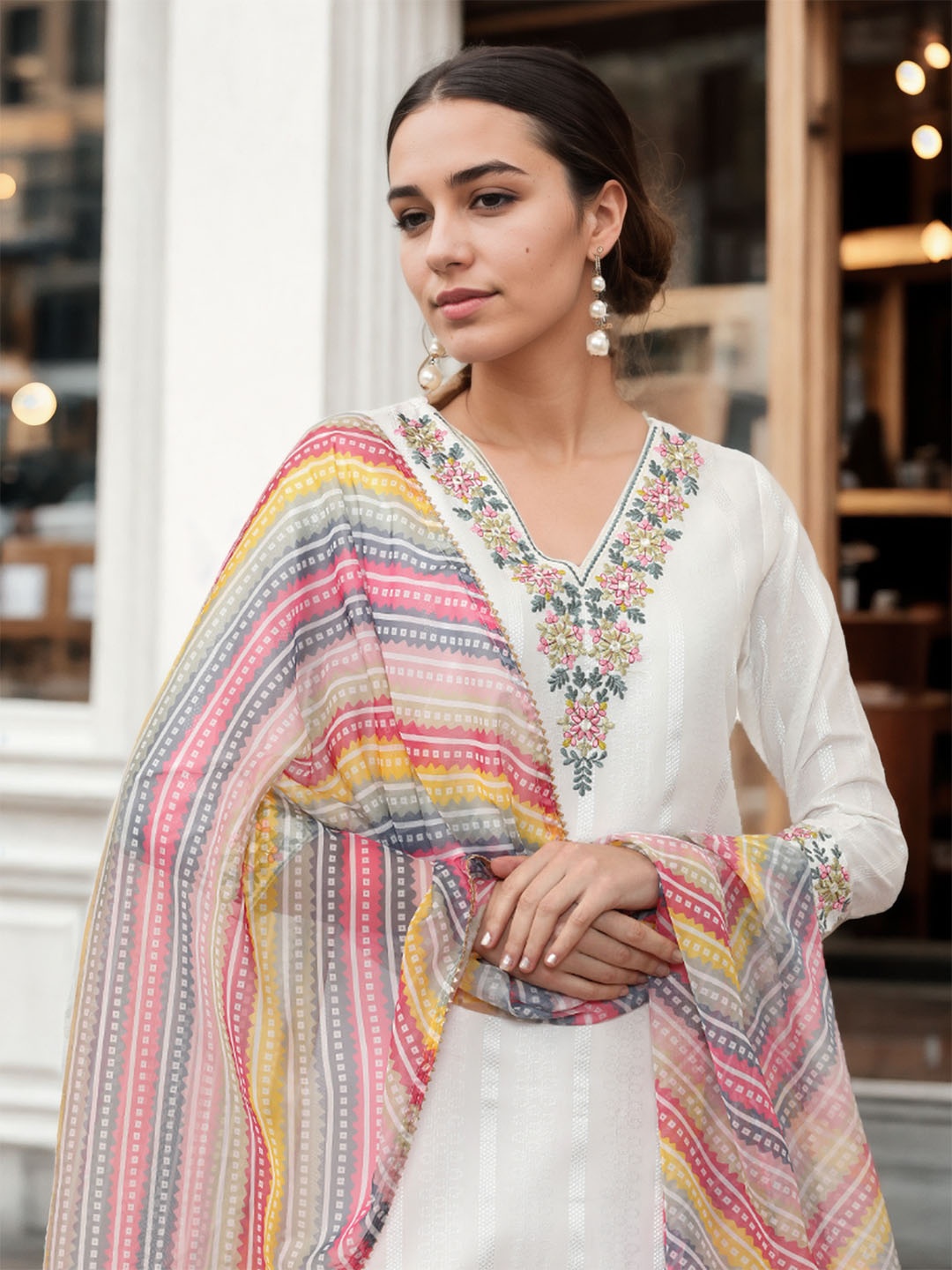 

Jaipur Kurti Women Embroidered Regular Thread Work Chanderi Silk Kurta with Trousers & With Dupatta, White