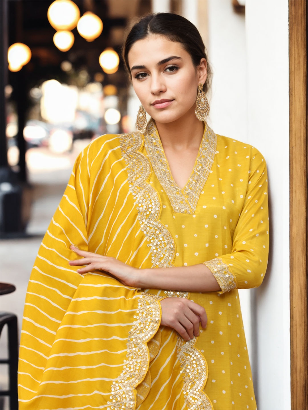 

Jaipur Kurti Women Leheriya Embroidered Regular Kurta with Trousers & With Dupatta, Mustard
