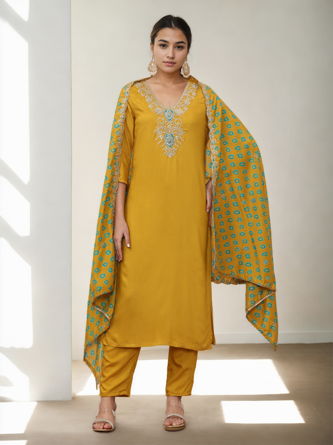 

Jaipur Kurti Women Ethnic Motifs Embroidered Regular Kurta with Trousers & With Dupatta, Mustard