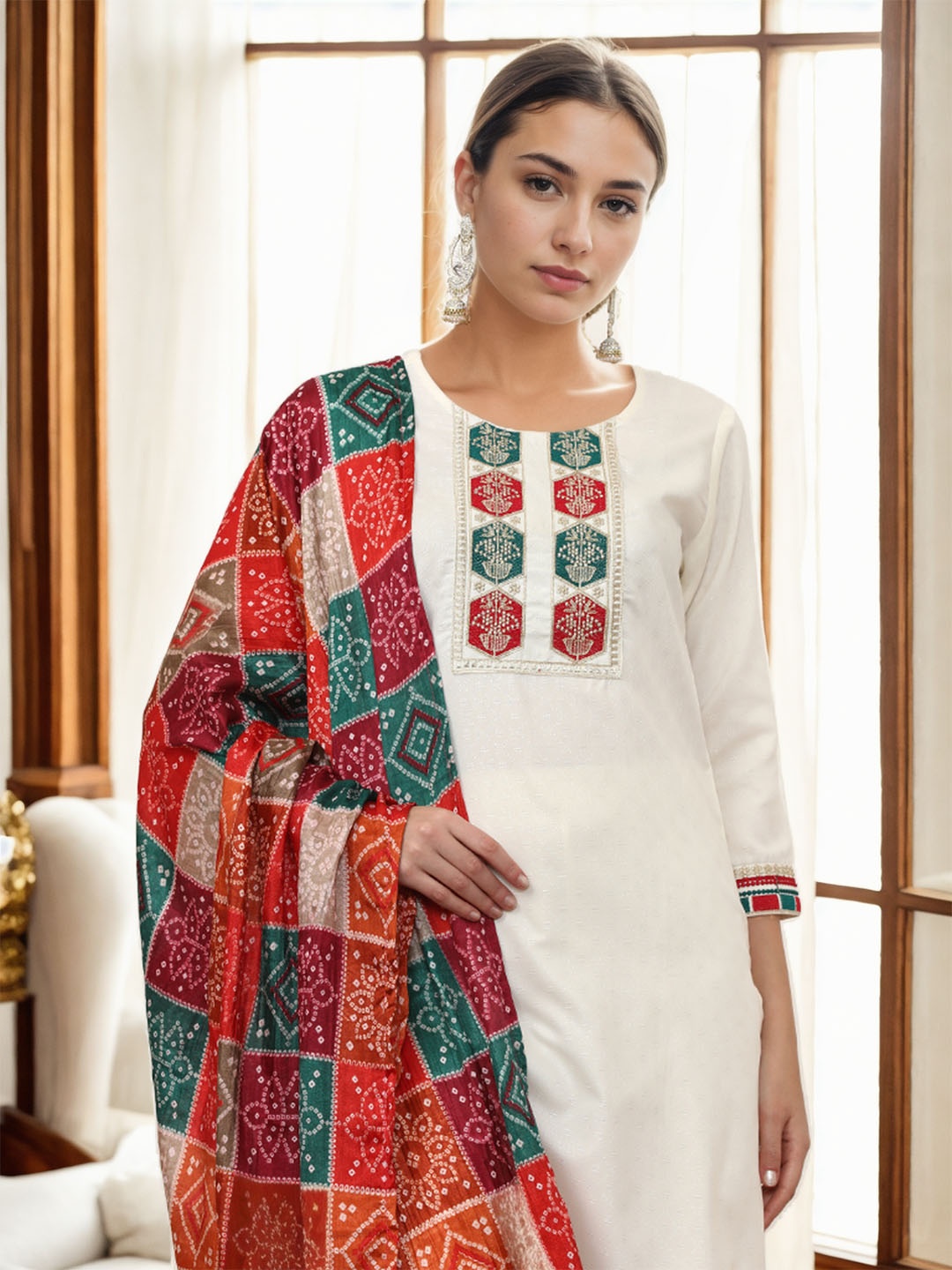 

Jaipur Kurti Women Ethnic Motifs Embroidered Regular Thread Work Kurta with Trousers & With Dupatta, White
