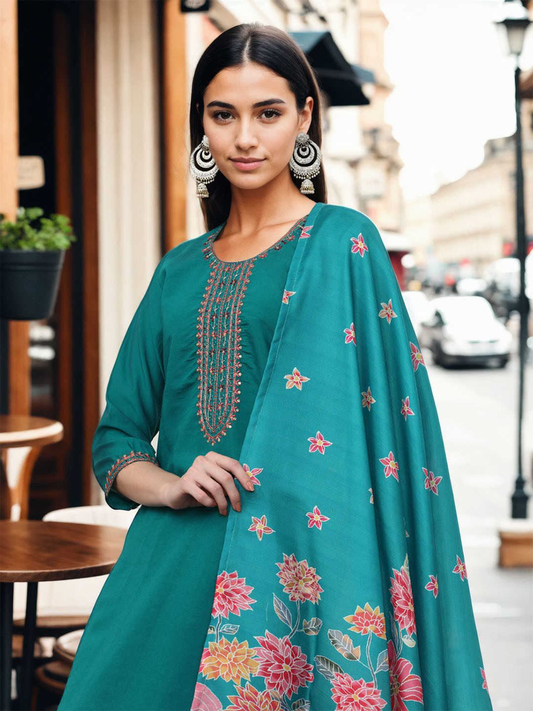 

Jaipur Kurti Women Ethnic Motifs Embroidered Regular Thread Work Kurta with Trousers & With Dupatta, Turquoise blue