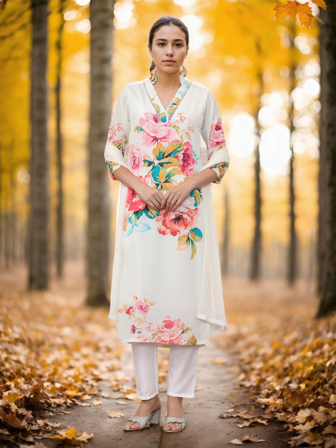 

Jaipur Kurti Women Floral Printed Regular Kurta with Trousers & With Dupatta, White