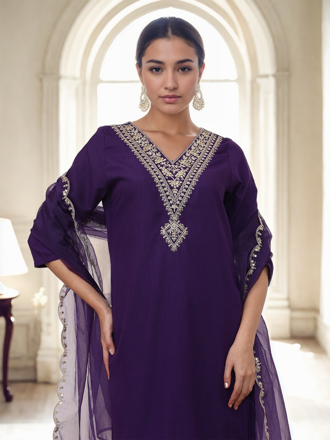 

Jaipur Kurti Women Ethnic Motifs Embroidered Regular Thread Work Kurta with Trousers & With Dupatta, Purple