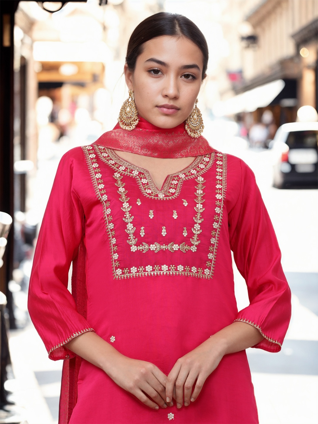 

Jaipur Kurti Women Ethnic Motifs Embroidered Regular Kurta with Trousers & With Dupatta, Pink