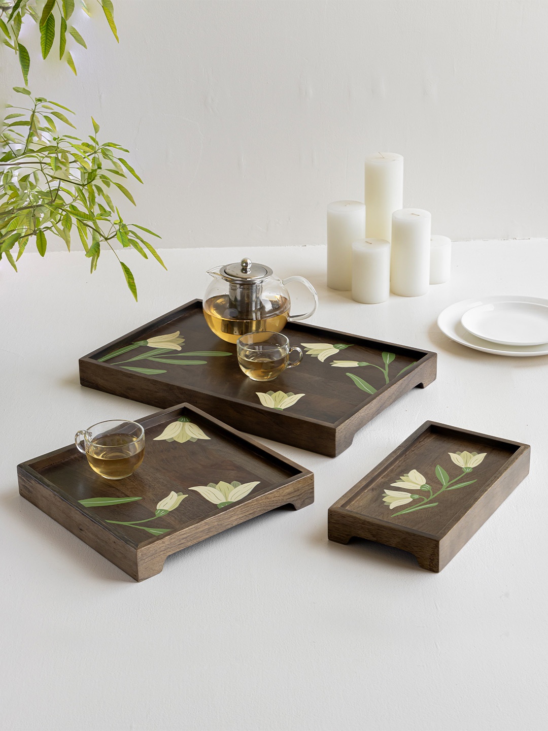 

Aurum Crafts Brown 3 Pieces Wooden Hand-Painted Serving Tray