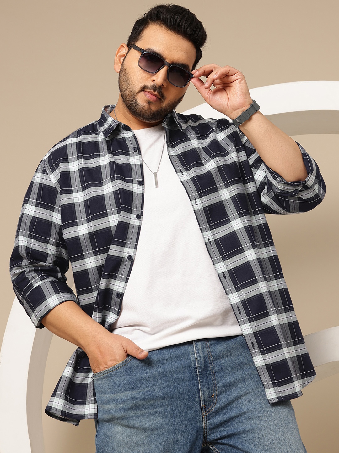 

Sztori Plus Size Checked Pure Cotton Casual Shirt, Navy blue