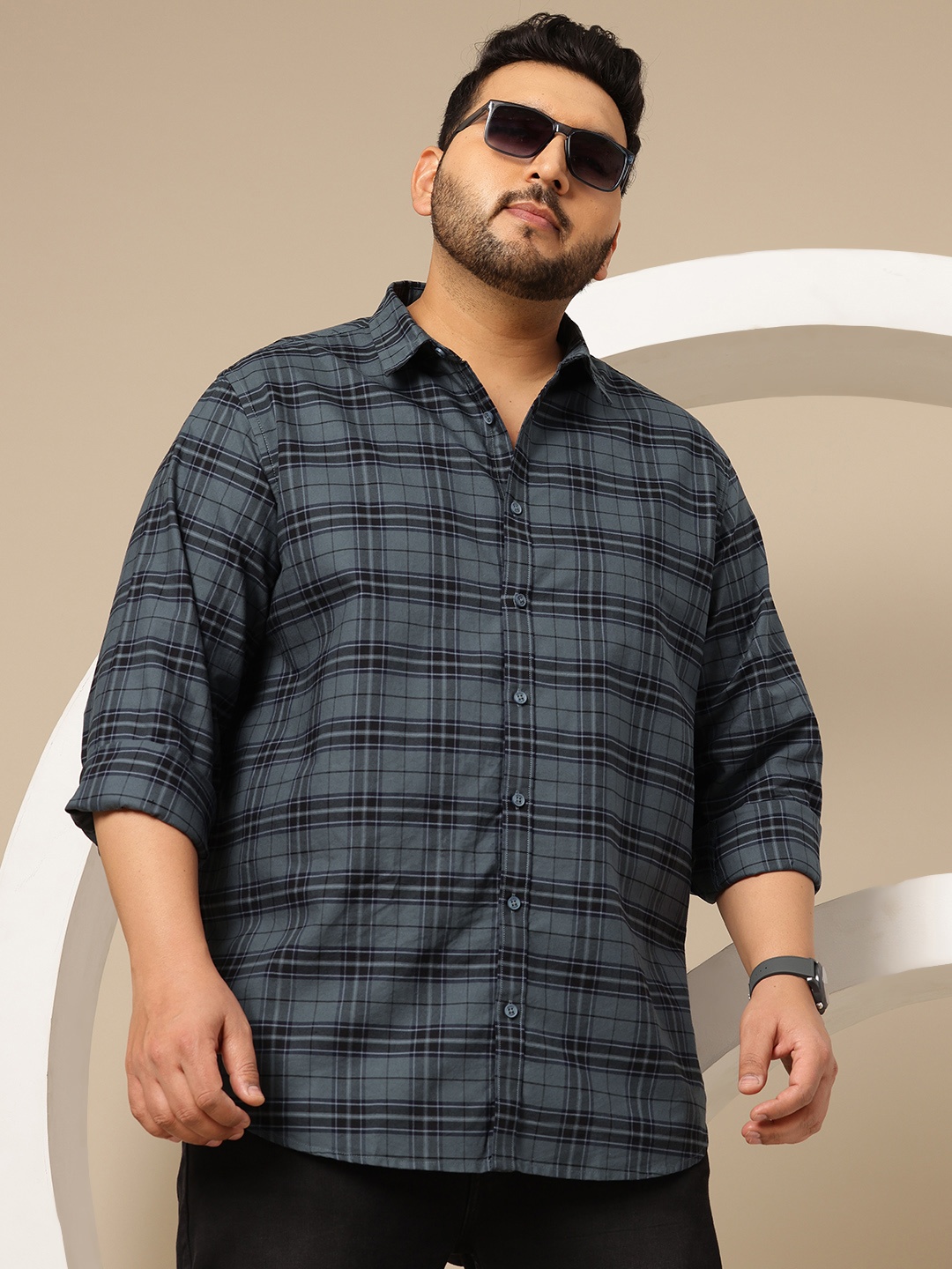 

Sztori Plus Size Checked Pure Cotton Casual Shirt, Grey
