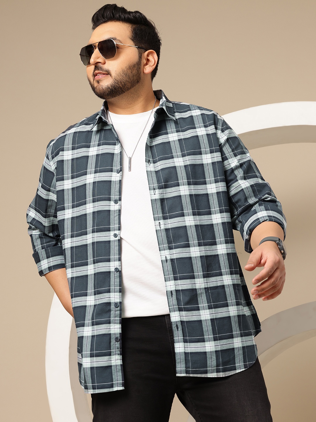 

Sztori Plus Size Checked Pure Cotton Casual Shirt, Green