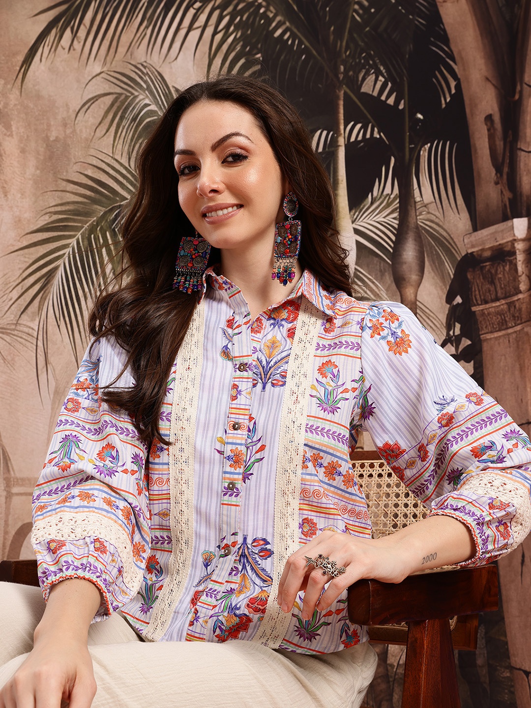 

Sangria Floral Printed Puff Sleeves Casual Shirt, White