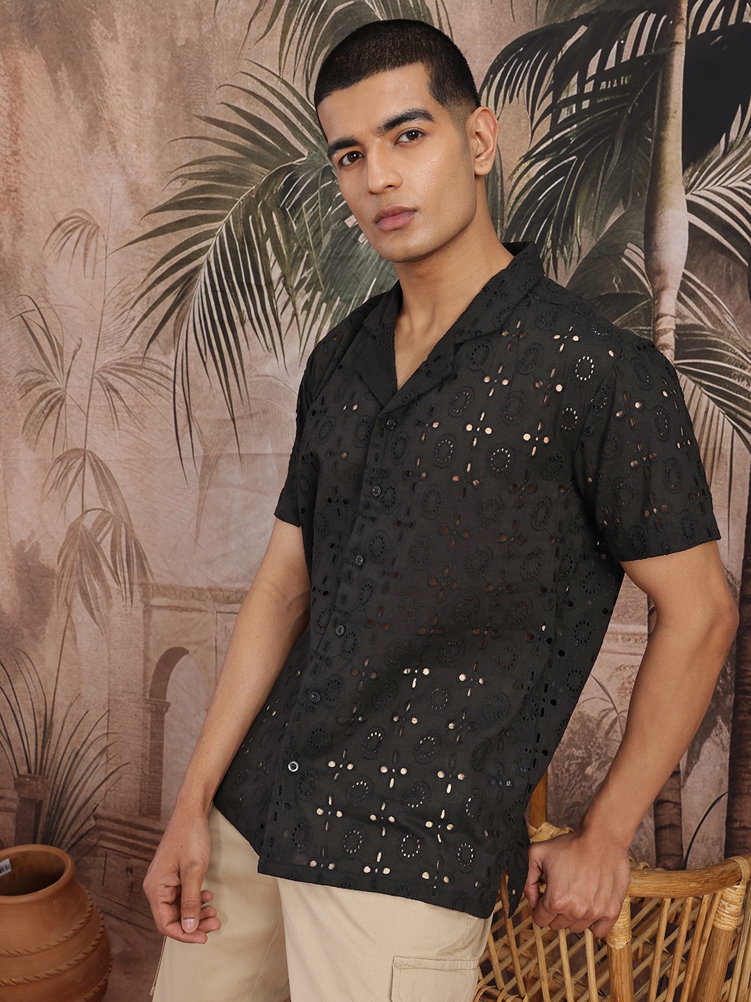 

Sangria Floral Pure Cotton Schiffli Shirt, Black