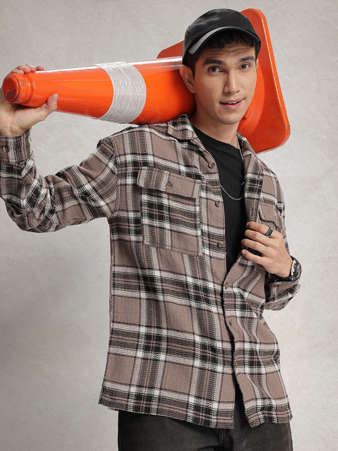 

WROGN Oversized Fit Opaque Checked Casual Shirt, Brown