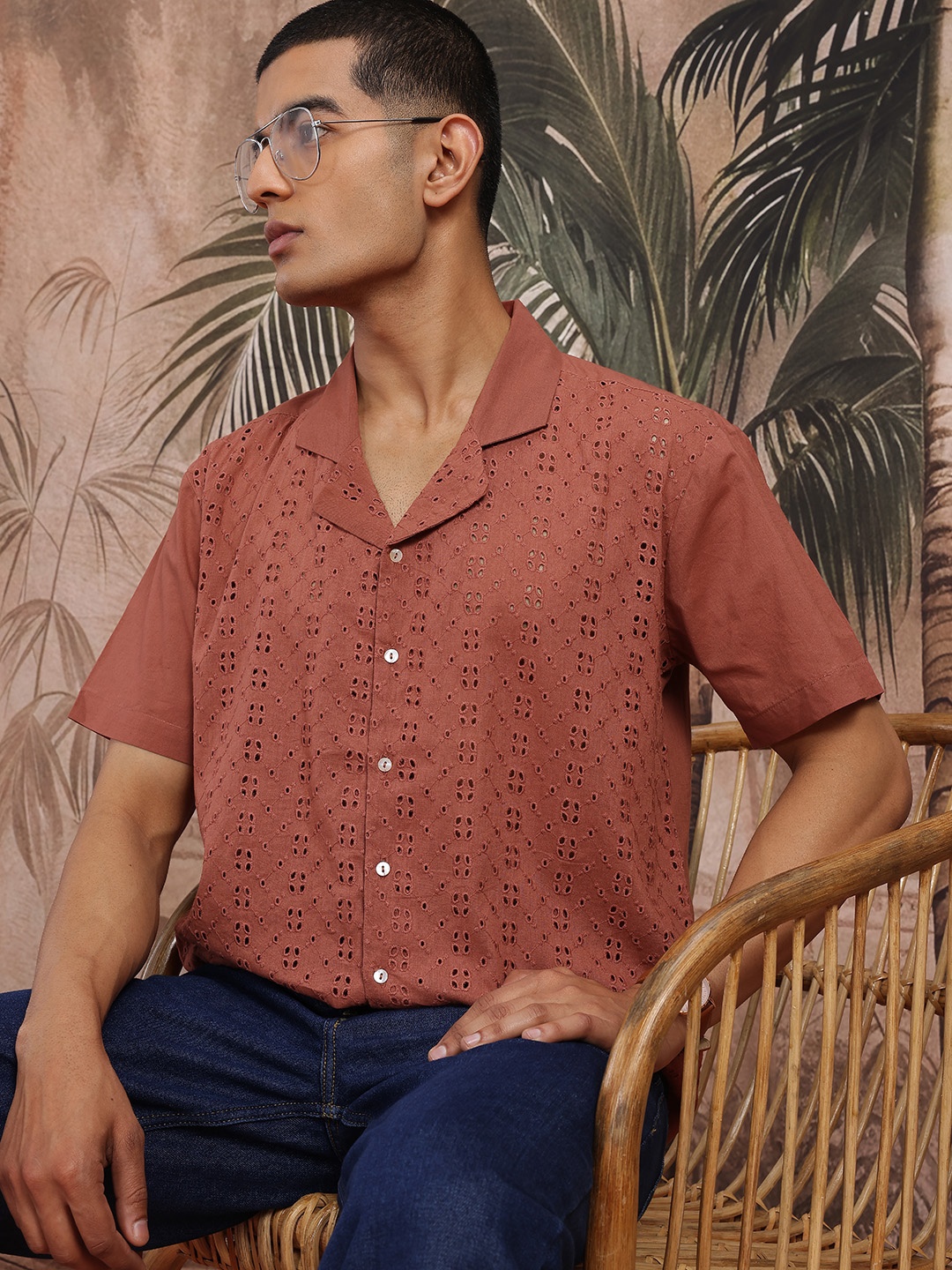 

Sangria Pure Cotton Schiffli Shirt, Brown