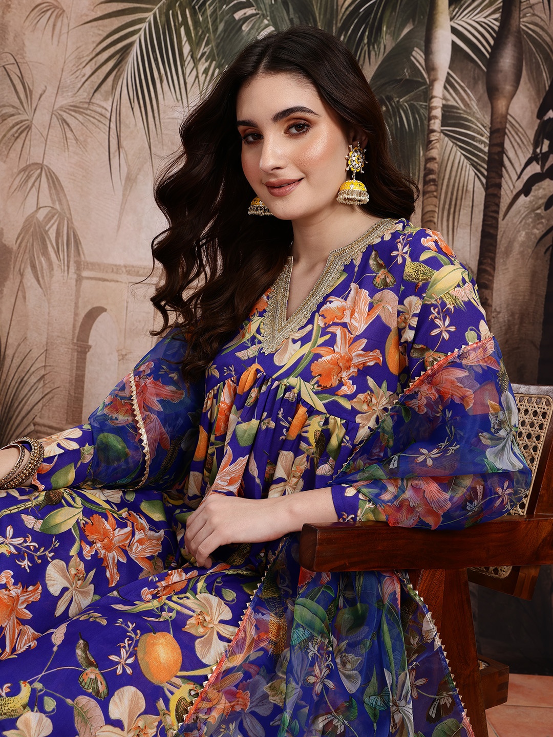 

Sangria Floral Print Empire Kurta with Sharara & Dupatta, Blue