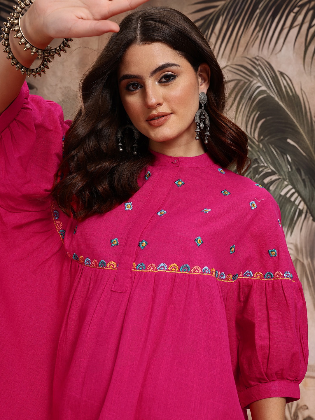 

Sangria Floral Embroidered Band Collar Pure Cotton Empire-Style A-Line Kurta with Palazzos, Fuchsia