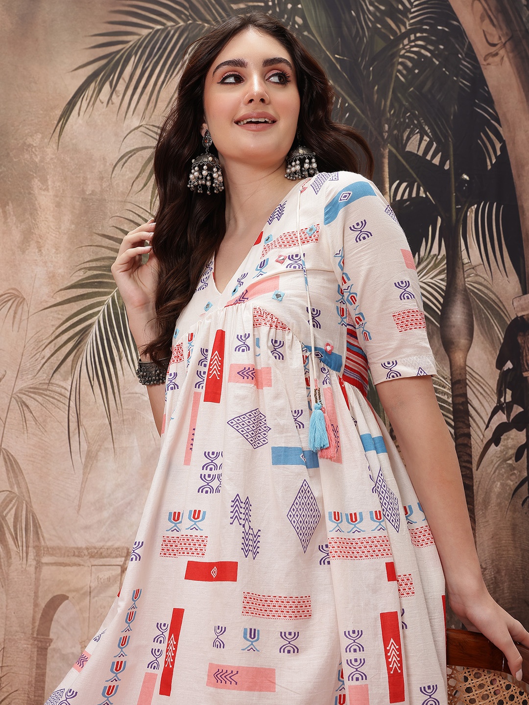 

Sangria Ethnic Motifs Printed Empire Midi Dress, Off white