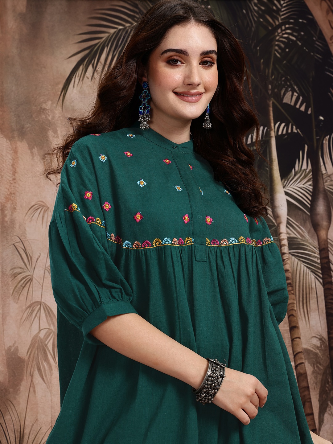 

Sangria Floral Embroidered Band Collar Pure Cotton Empire-Style A-Line Kurta with Palazzos, Green