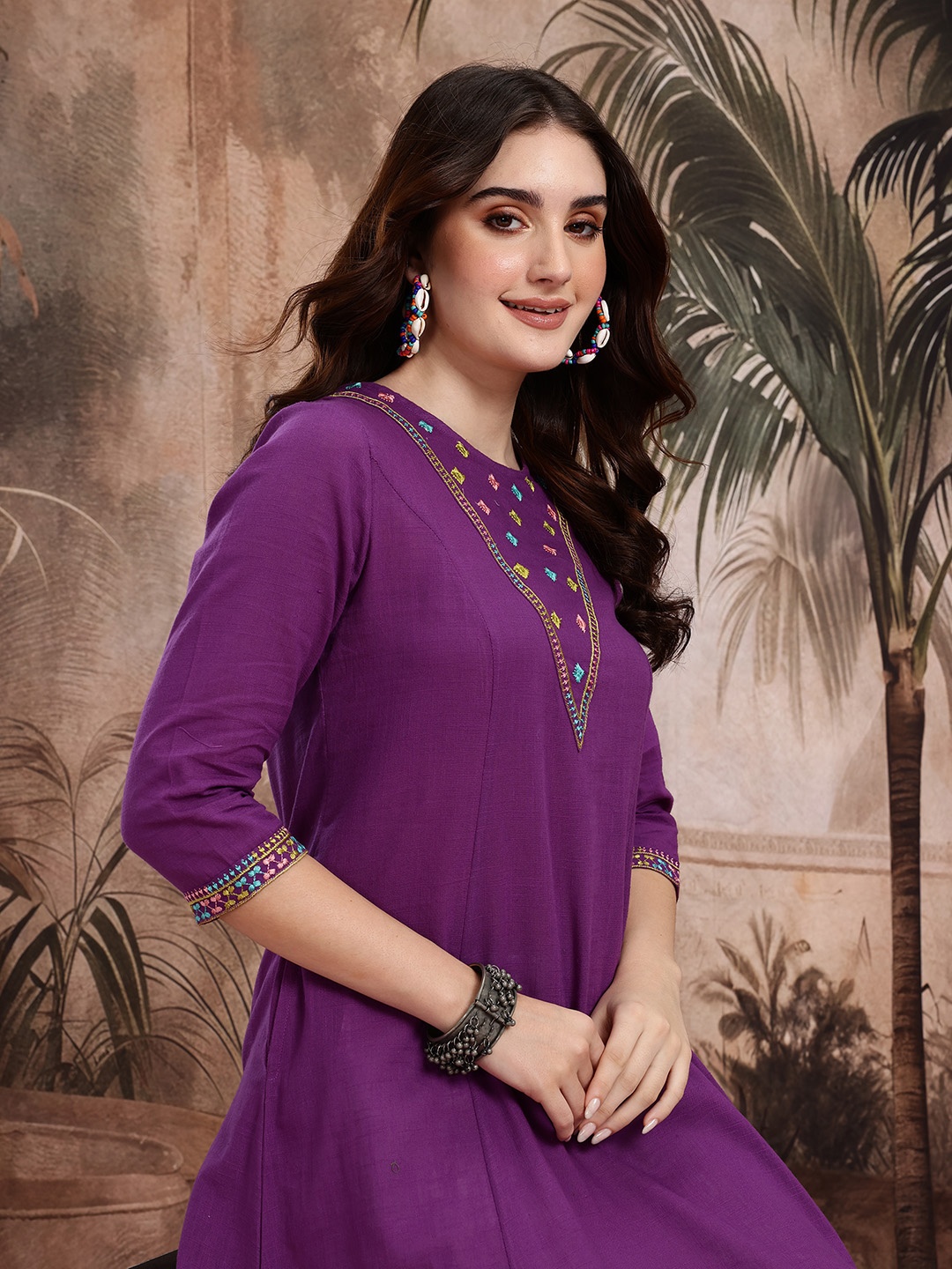 

Sangria Cotton Yoke Design A-Line Kurta, Purple