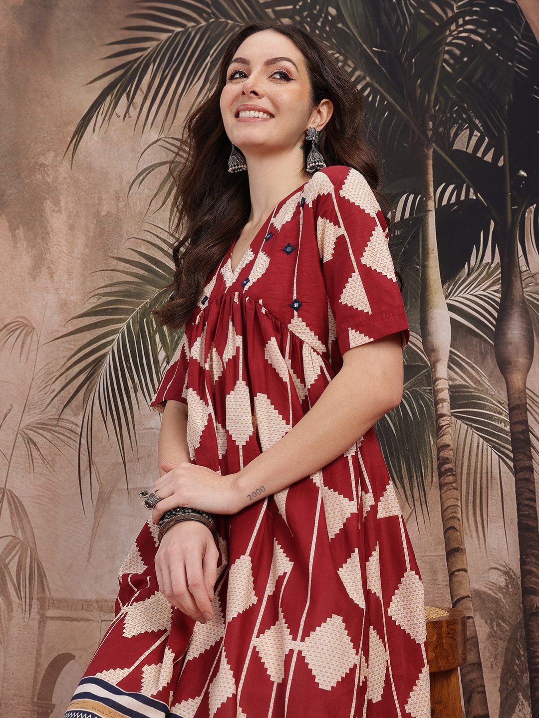 

Sangria Geometric Printed Mirror Work A-Line Kurta, Maroon