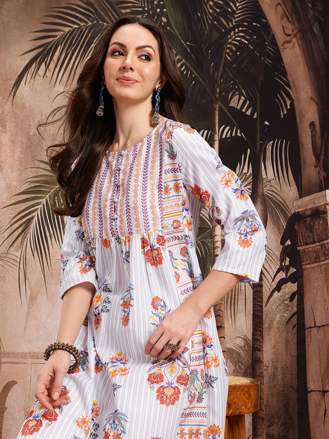 

Sangria Floral Printed Gathered A-Line Kurta, White