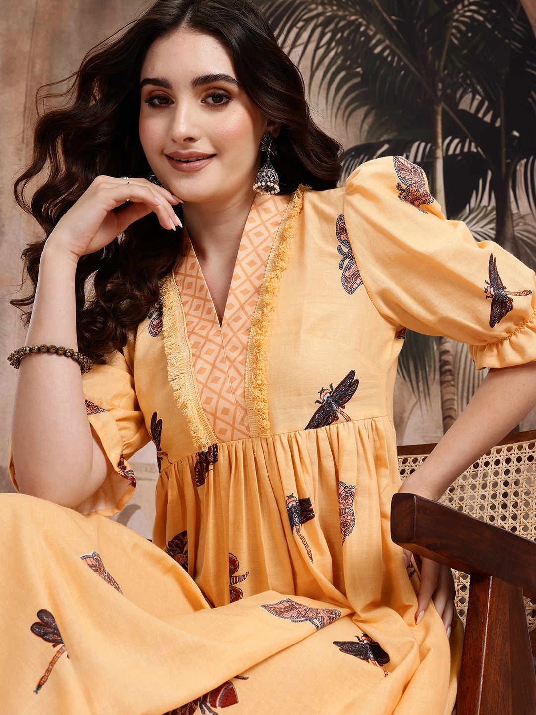 

Sangria Printed Pure Cotton Ethnic Midi A-Line Dress with Pockets, Yellow