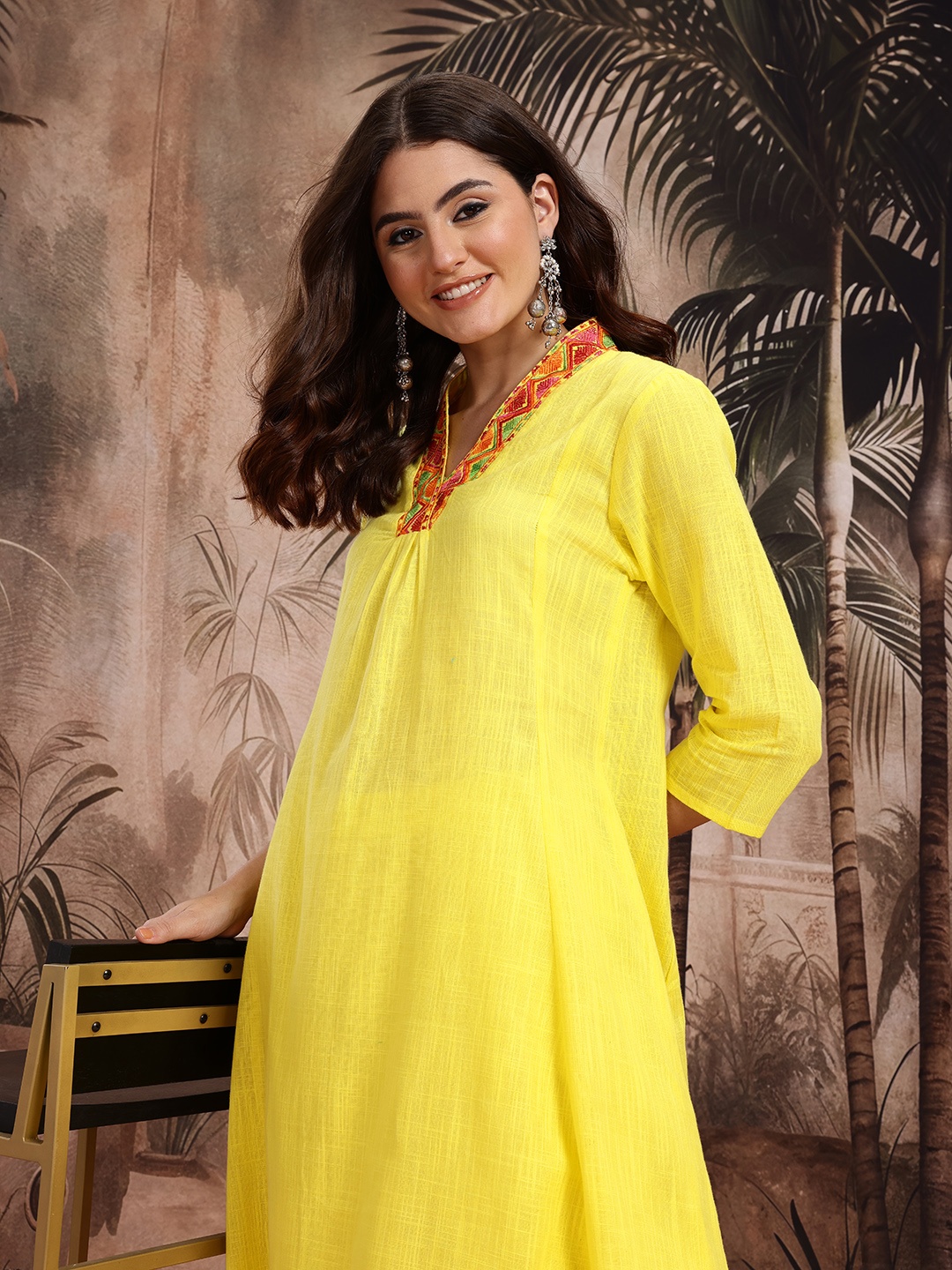 

Sangria Pleated Thread Work Pure Cotton Kurta with Trousers, Yellow