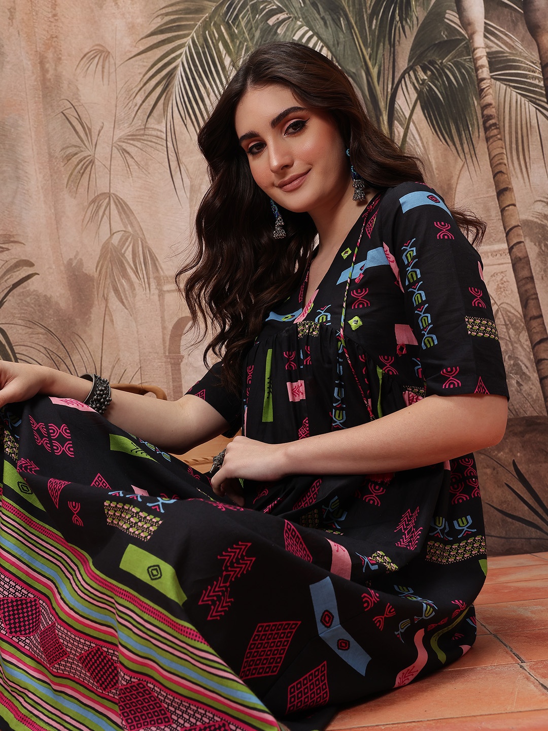 

Sangria Ethnic Motifs Printed Empire Midi Dress, Navy blue