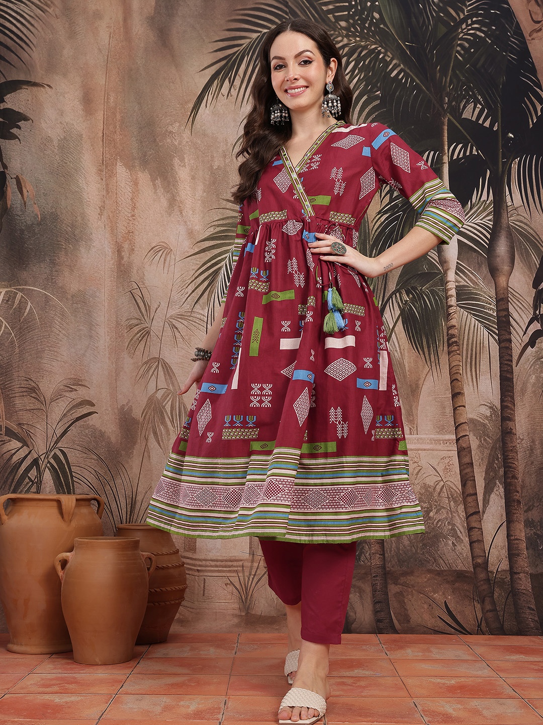 

Sangria Ethnic Motifs Printed Angrakha Mirror Work Pure Cotton Kurta with Trousers, Maroon