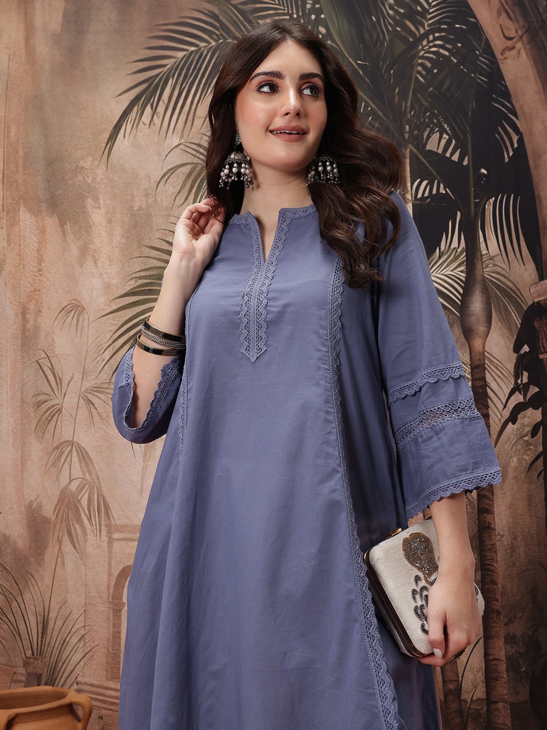 

Sangria Flared Sleeves Indigo Panelled A-Line Kurta with Lace Inserts, Blue