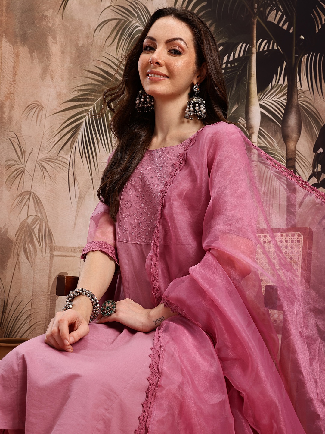 

Sangria Pure Cotton Kurta With Palazzos & Dupatta, Pink