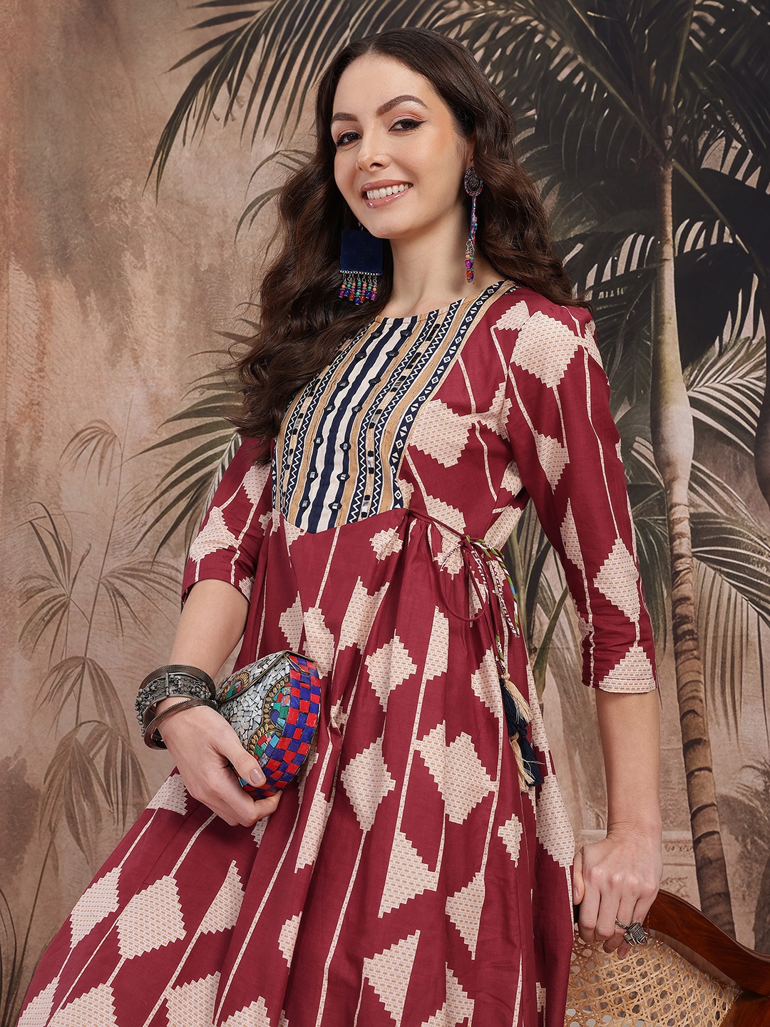

Sangria Printed Tie-Up Waist Mirror Work Pure Cotton Kurta with Trousers, Rust
