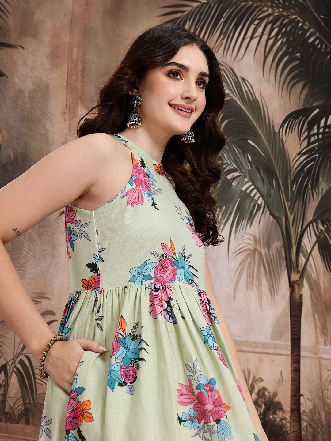 

Sangria Floral Print Pure Cotton A-Line Midi Dress, Green